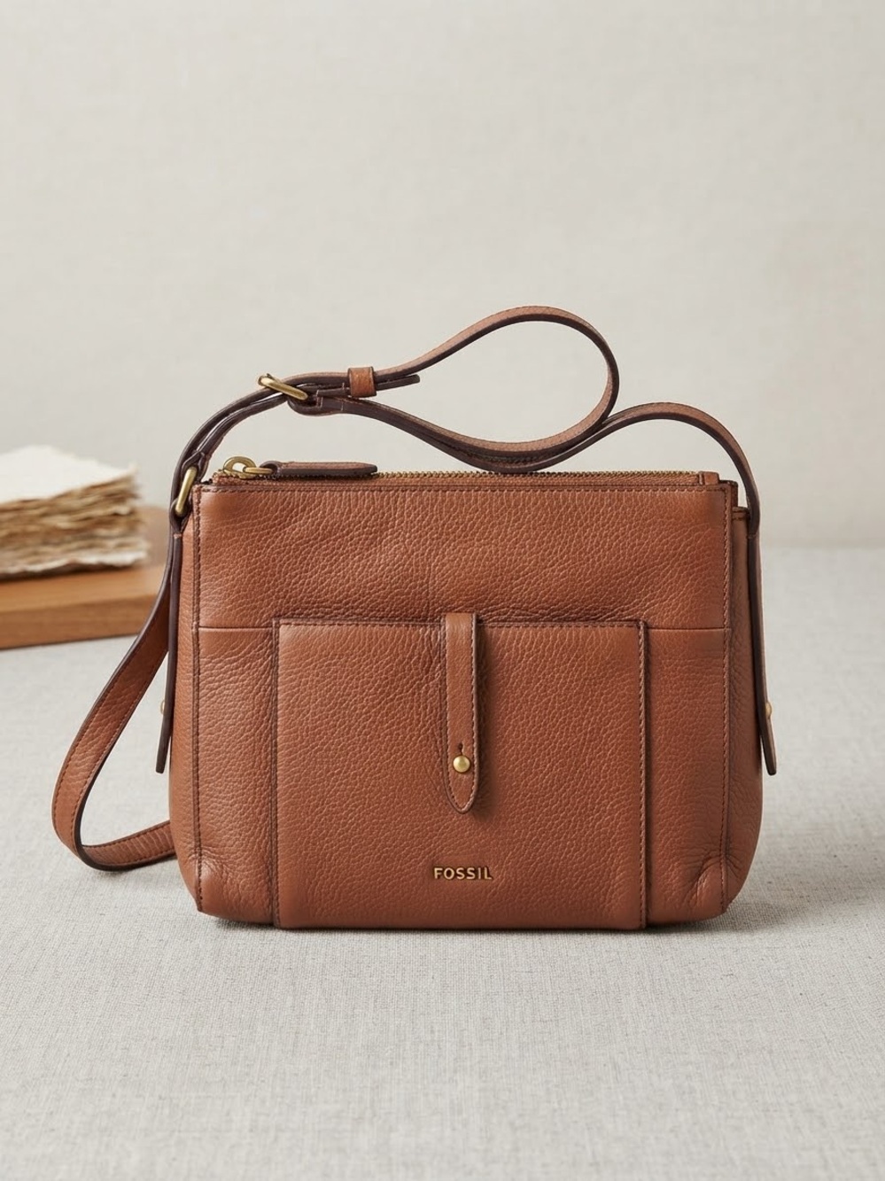 Fossil Tan Pebbled Leather Crossbody Bag